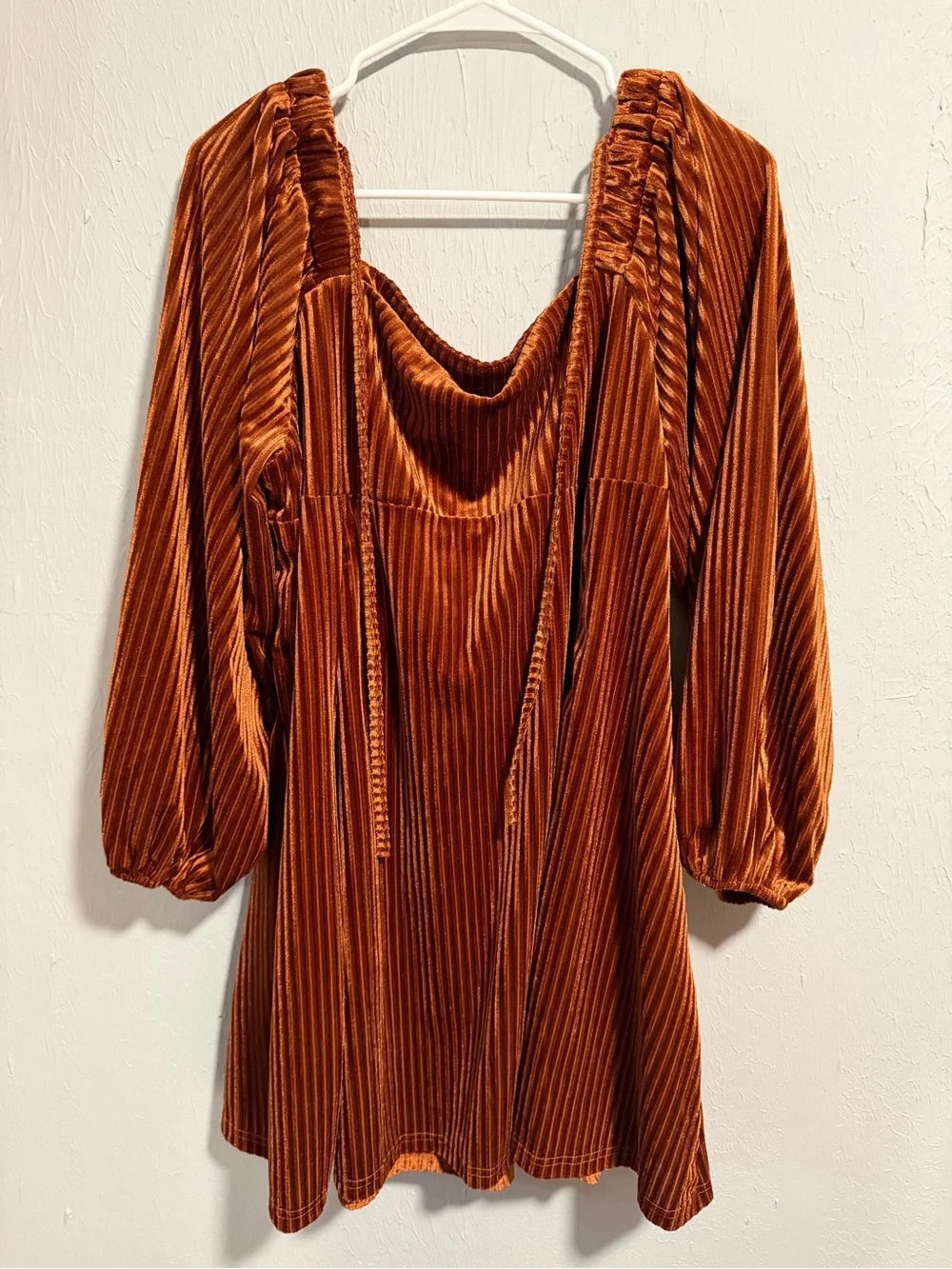 Rust Orange Ribbed Velvet Corset Mini Dress Balloon Sleeve XXL